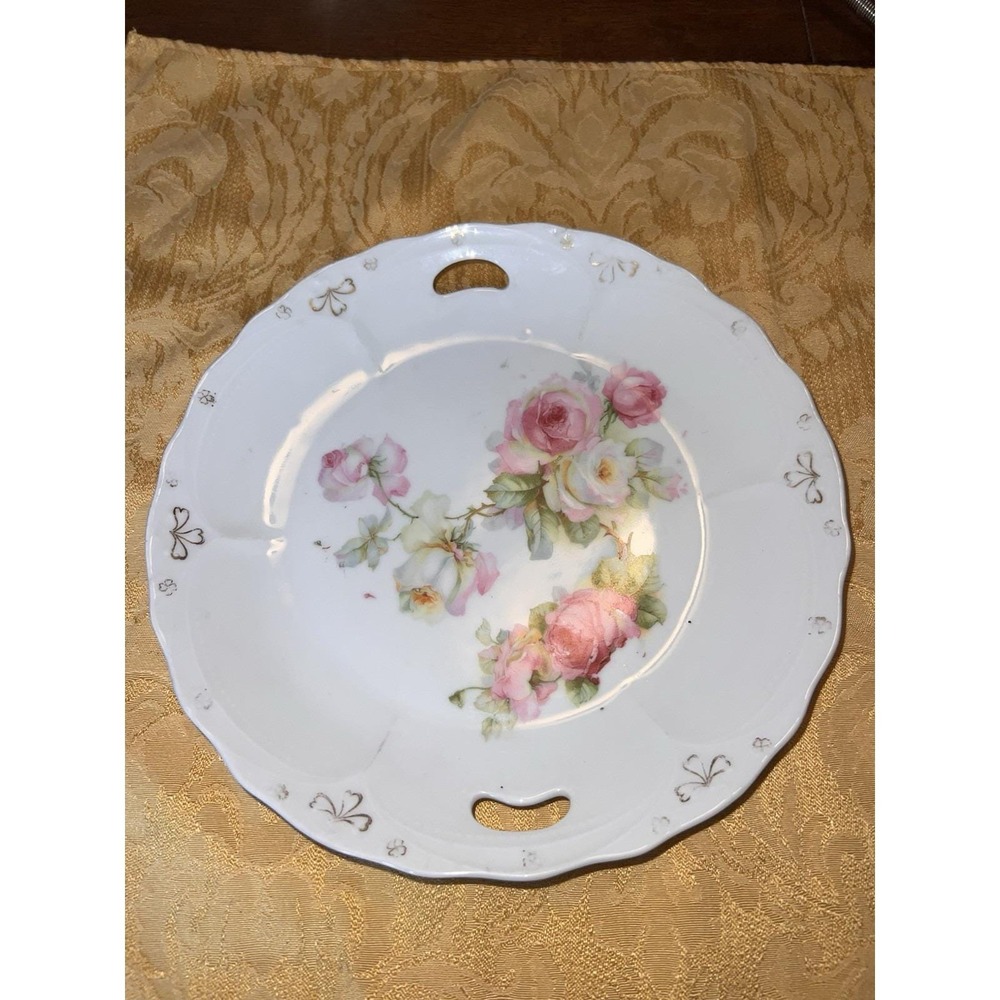 Antique KL Germany Porcelain Handled Serving Plate 9" Pink White Rose Floral
